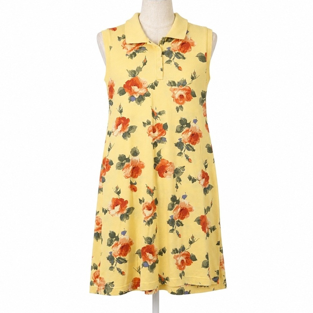 Vintage Y2K Floral Rose 100% Cotton Sleeveless Polo Dress Size XL Butter Yellow